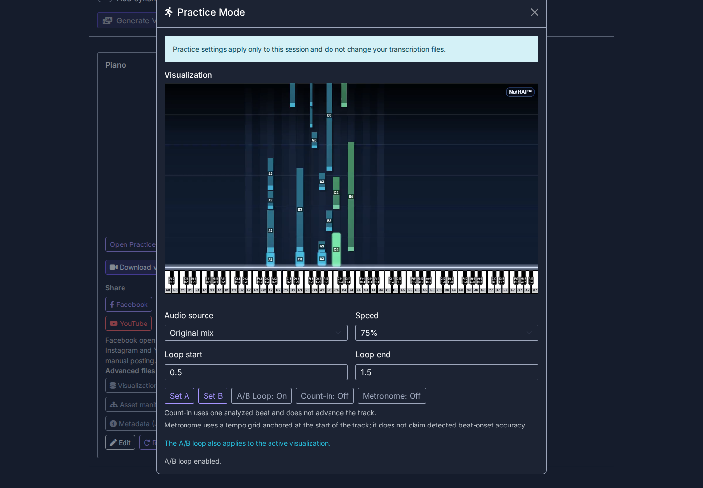 A real NutifAI piano-roll result inside Practice Mode, with an A/B interval and playback speed control.